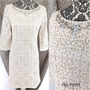 JESSICA HOWARD Jewel & Pearl Neck Stretch Lace Shift Party Dress 10